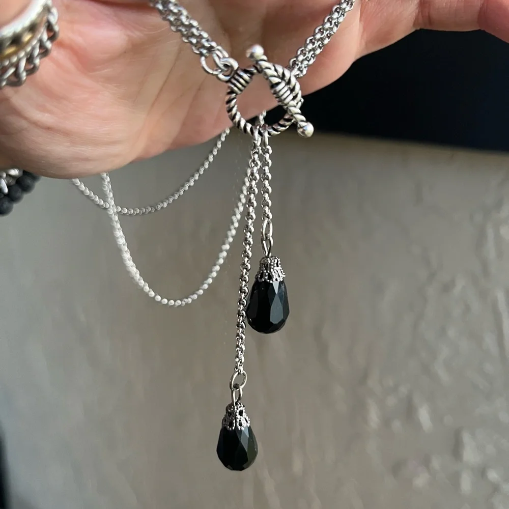 Y shape lariat double chain necklace Set black crystals ( necklace + earrings )_8